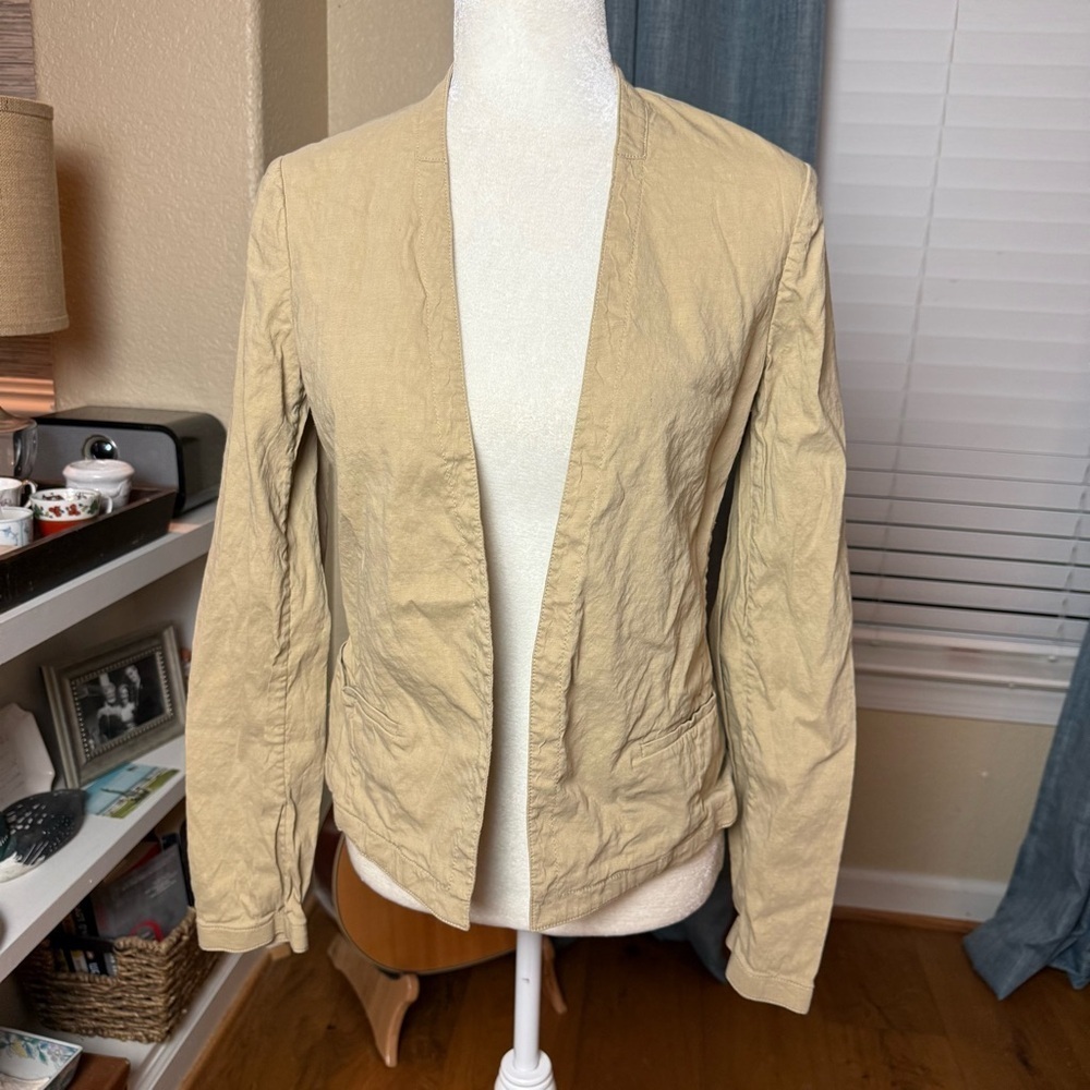 Theory Crunch Wash Open Front Clean Blazer Tan Linen Blend Size 6